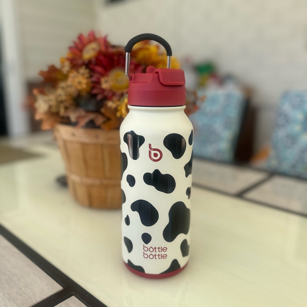Bottle Bottle Cow Print Insulated Water Bottle with Red Lid